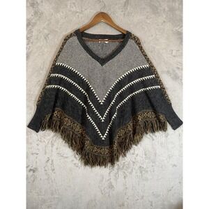 Dreamers Sweater Womens Sz M/L Gray Brown Fringe Knit Poncho Cozy Western Boho